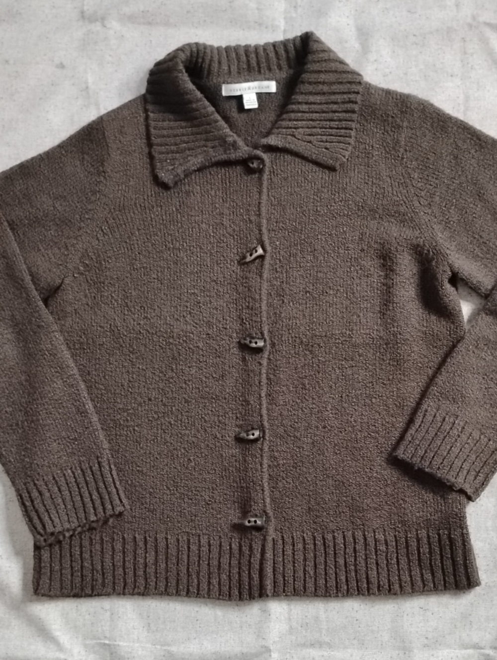 Debbie Morgans  Brown Ribbed-Collar Button Front Cardigan